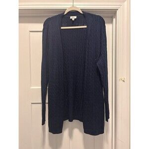 Kim Rogers Navy Blue Speckled Long Open Front Cable Knit Cardigan Women Size XL